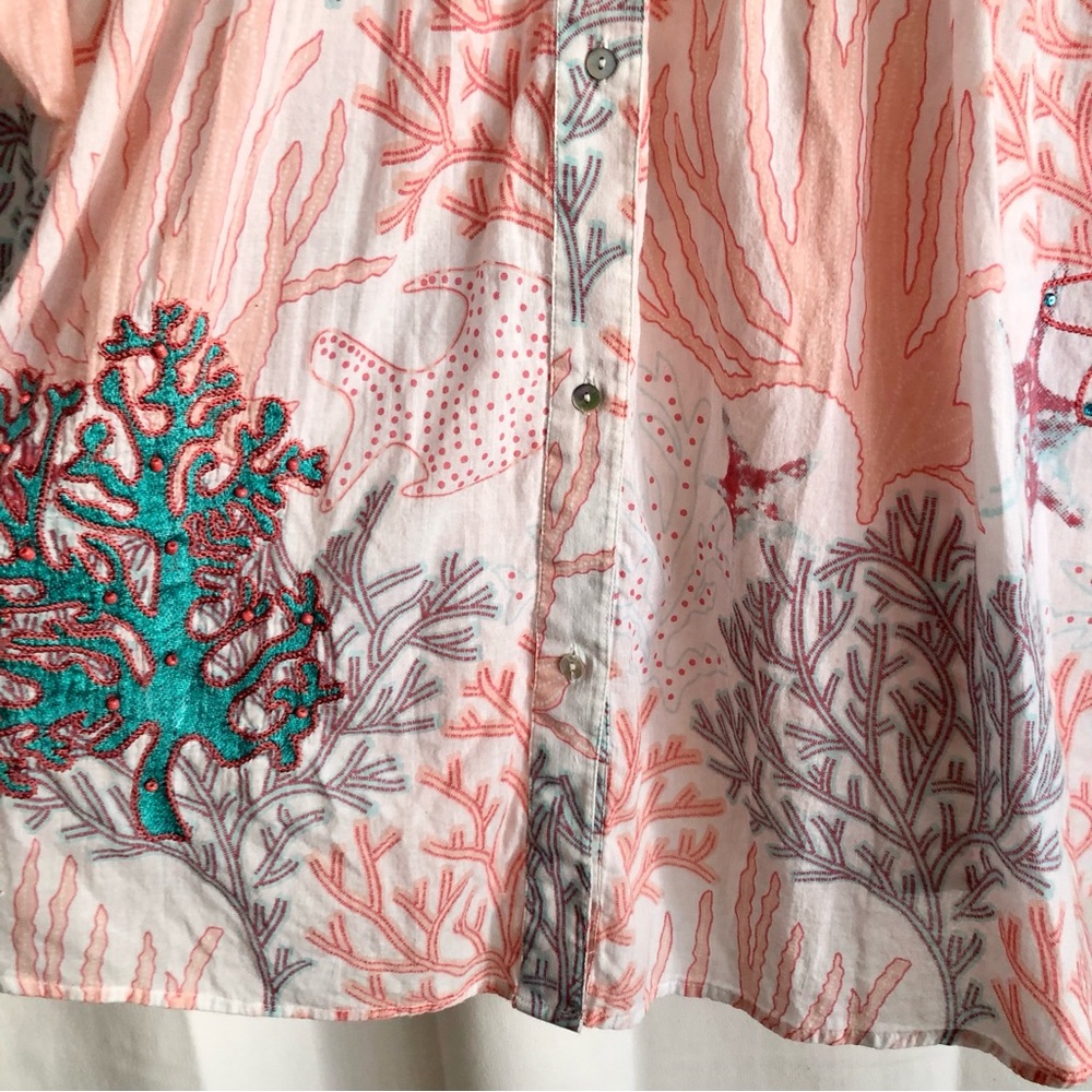 Soft Surroundings Coral Reef Teal Tunic Cotton Embroidered Sequin Blouse Top XL - Picture 9 of 12